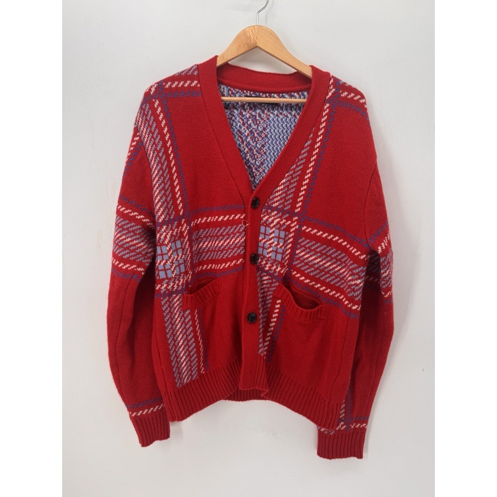 Nova Men XXL Red Plaid Cardigan Sweater Grandpa Core Preppy Retro Academia